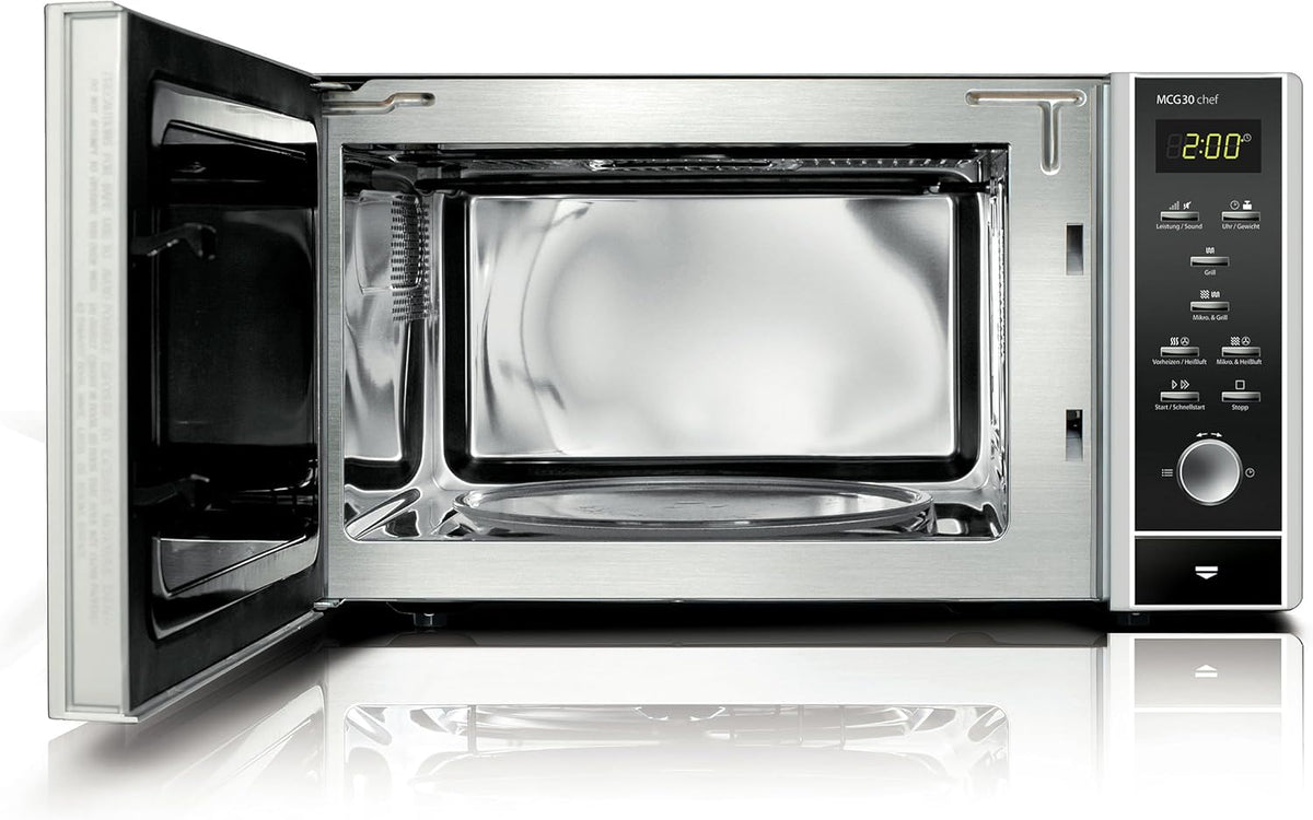 CASO MCG30 Ceramic chef Testsieger Haus & Garten Test, 3in1 Mikrowelle mit Grill + Heißluft 2100W 30L, Borosilikatglasboden, Backofen-Funktion bis 200°C