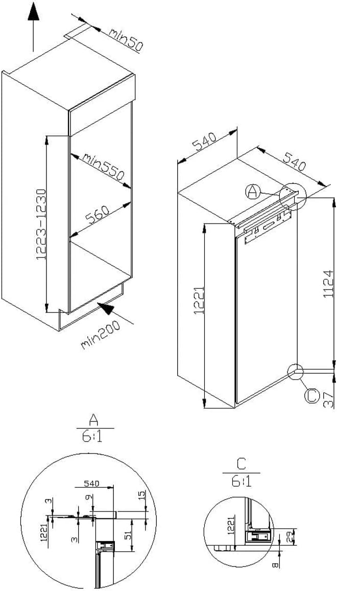 Amica Einbau‑Kühlschrank mit Gefrierfach Festtür‑Technik 1220 mm Nische elektronische Steuerung Inverter‑Motor LED Beleuchtung 122,1 x 54 x 54 cm – Einbau Kühl Gefrierkombination