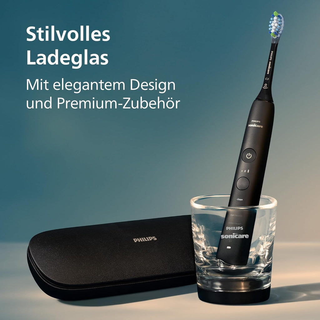 Sonicare DiamondClean 9000 elektrische Zahnbürste, Schallzahnbürste mit App, Andruckkontrolle, 4 Putzmodi, 3 Intensitätsstufen, Ladeglas, Schwarz und Roségold, Zweierpack, Modell HX9914/57