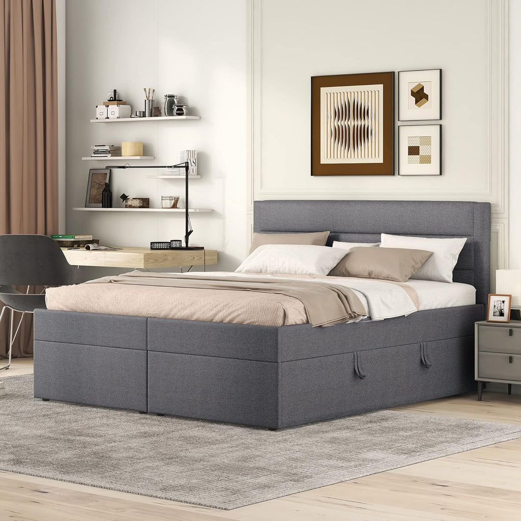 Boxspringbett 140x200 mit Bettkasten, Doppelbett Polsterbett mit Lattenrost, Bett, Betten, Bettgestell mit Stauraum, Schlafzimmer Komplett, Stauraumbett (Grau, Doppelbett 140x200), TkopyBed0615