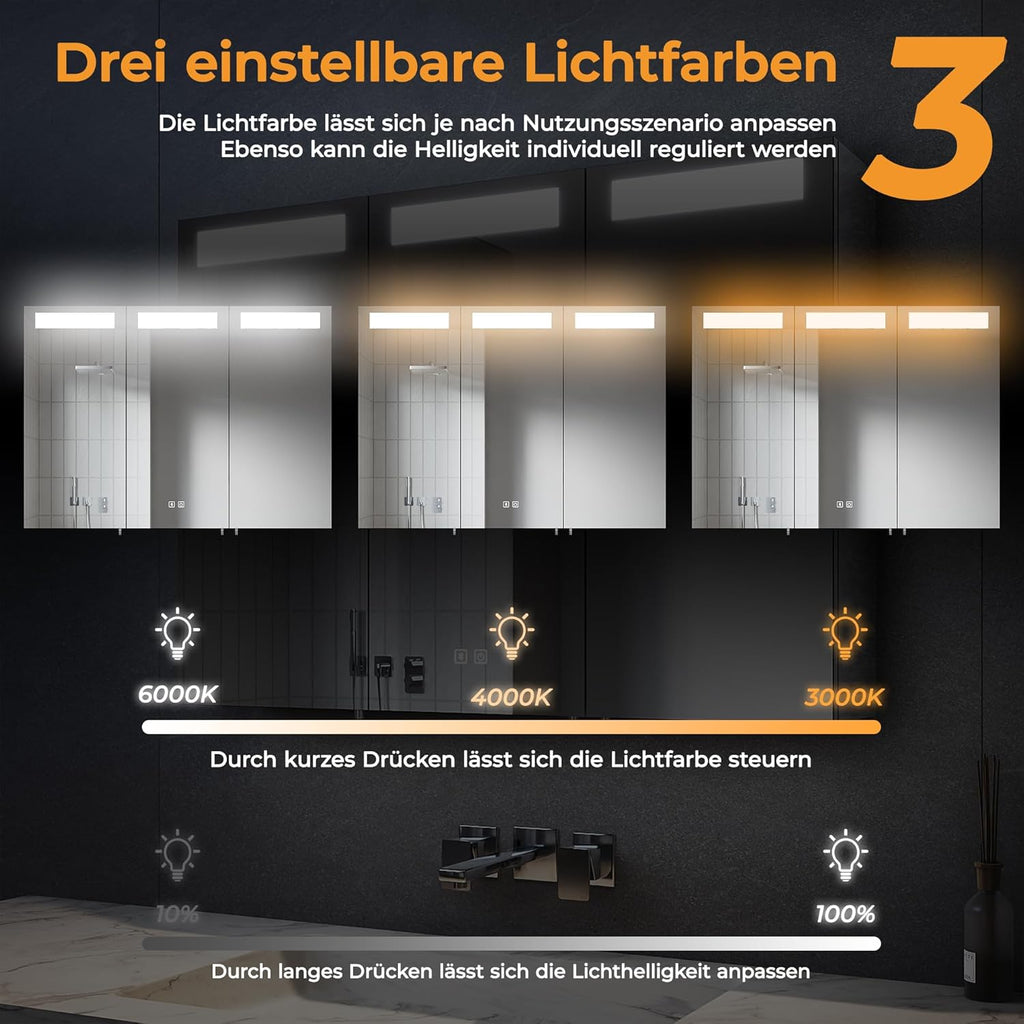 SVNR 90x65 cm Spiegelschrank Mit LED-Beleuchtung Fürs Badezimmer, 3-Türiger Badspiegelschrank Beleuchtung Mit Bluetooth, Touch-Schalter, Antibeschlag & Steckdose (Silber)