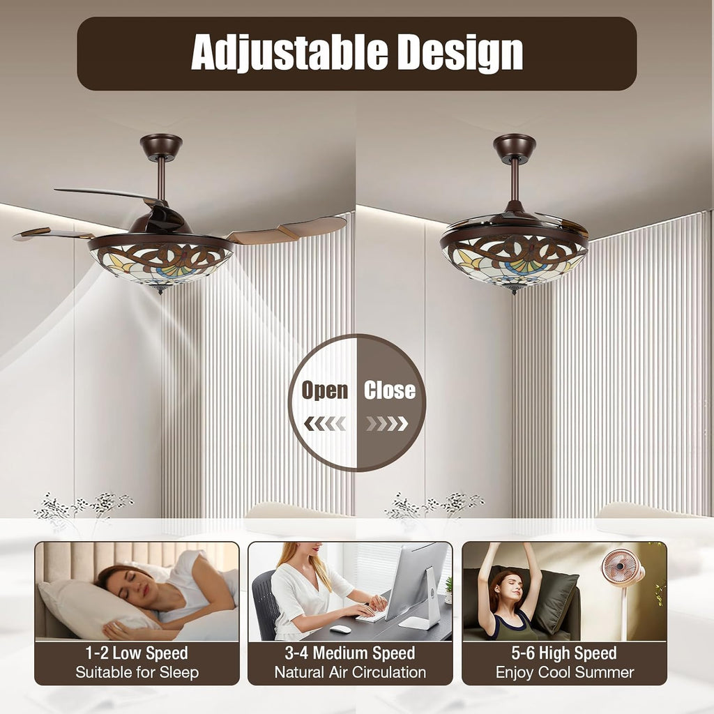 42-Zoll Ventilator Deckenleuchte LED Deckenventilator mit Licht und Fernbedienung 3 Farbtemperatur und 6 Geschwindigkeiten mit 4 Klingen offen-schließen Gestaltung Sommer- Winterbetrieb
