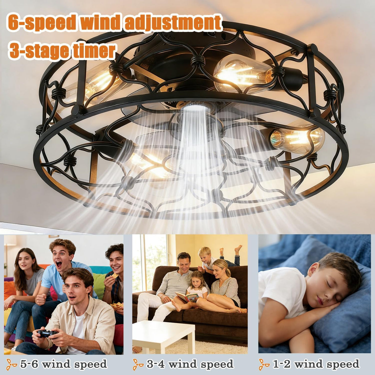 Deckenventilator Mit Beleuchtung, 50cm Retro Industrial Stil Deckenventilatoren mit Lichtern, E27 mit Fernbedienung, 6 Geschwindigkeiten Ventilator Deckenleuchte, Für Wohnzimmer Schlafzimmer