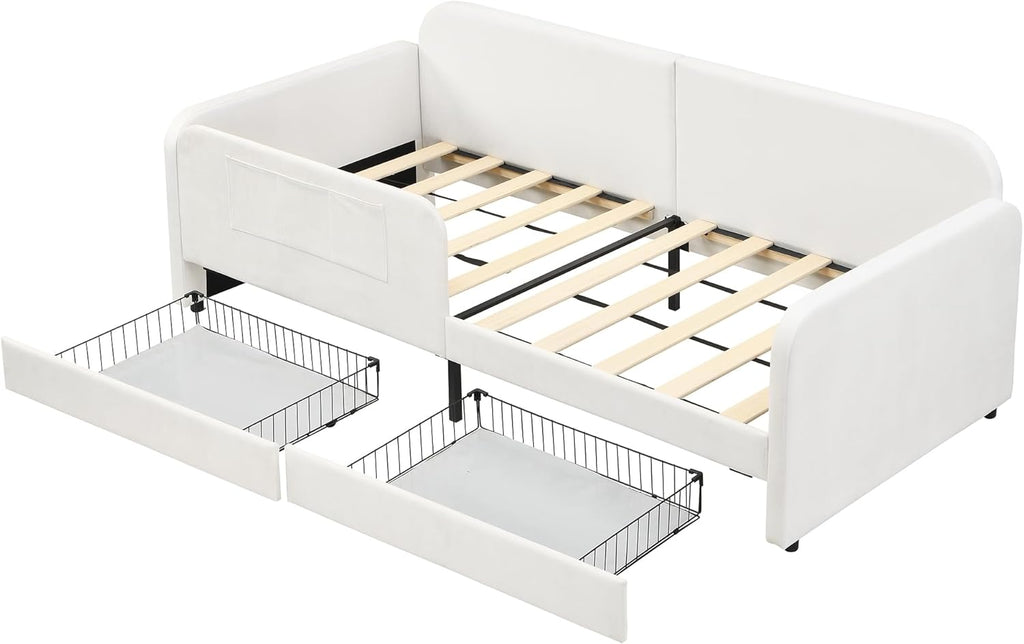 ANIROY Kinder-Spleißbett 90x200cm, Polsterbett, Schlafsofa Daybett Tagesbett Einzelbett mit Metallbettgestell & 3 Aufbewahrungstaschen & 2 Schubladen auf Rollen, Samt, Weiß