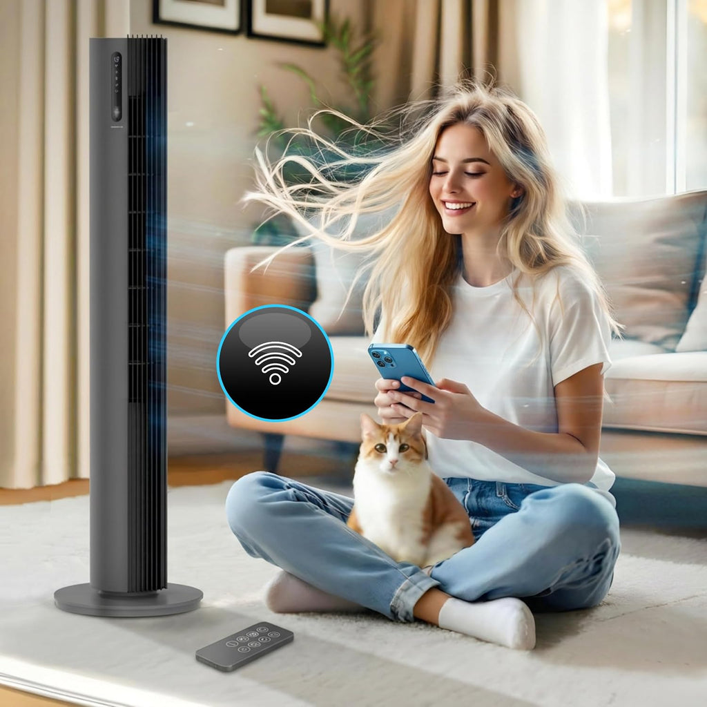 Turmventilator 110 cm PURE Plasma Ionisierung WiFi Tuya Smart Life, Energiesparender 30W DC-Motor, 12 Stufen, Timer, Standventilator sehr leise Ventilator mit Fernbedienung, Tower Fan Grau