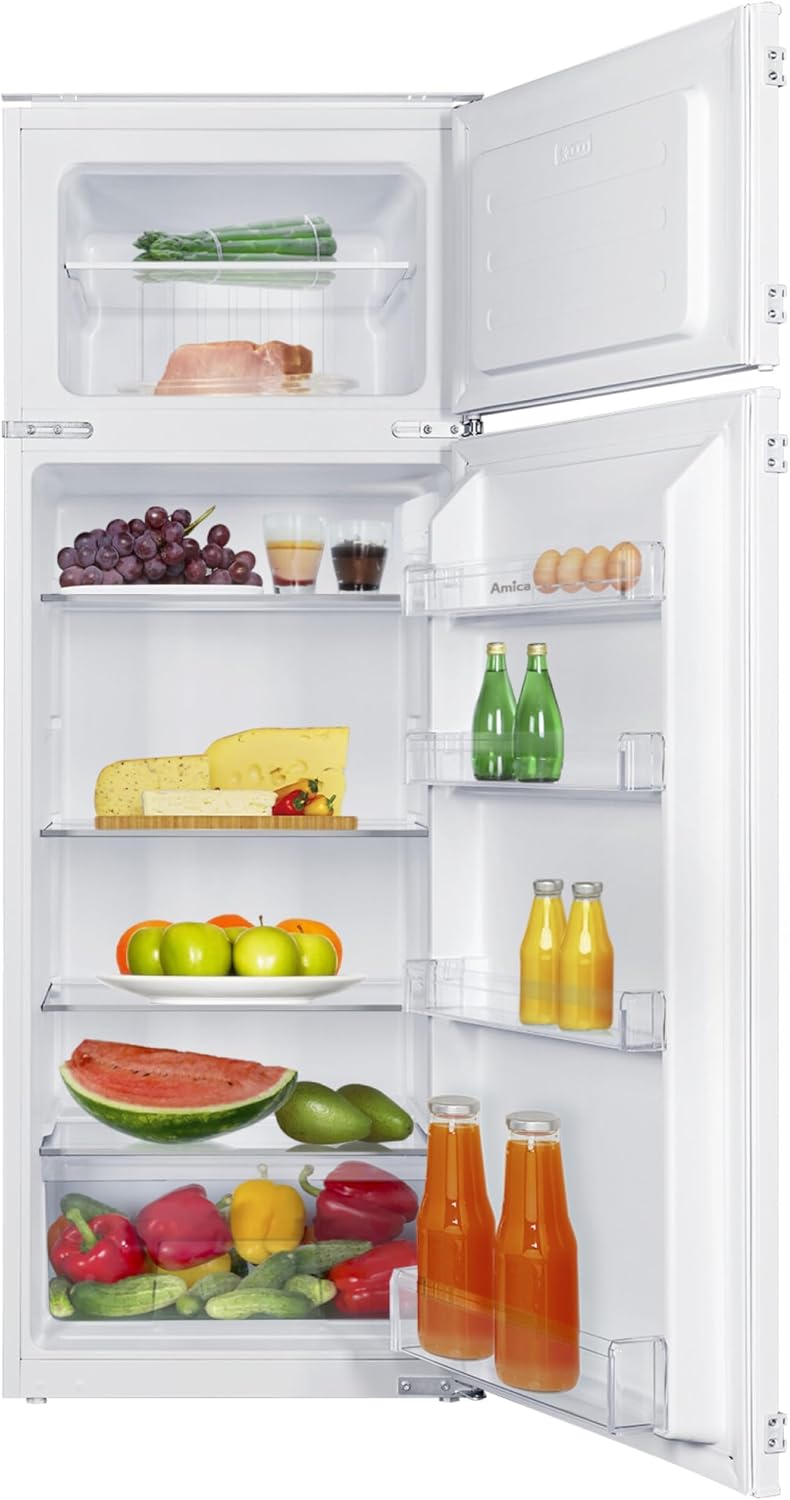 Amica Einbau-Kühlschrank mit Gefrierfach oben, Doppeltür, 145 cm Nische, Schlepptür-Technik, elektronische Steuerung, Inverter-Motor, LED-Beleuchtung