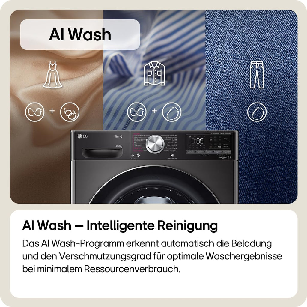 V9WD128H2B, Klasse A, Waschtrockner 12-8 kg, 1360 U/min, AI Direct Drive, Nachlegefunktion, Schnellwaschgang in 39 Min., mit Dampf, 60 x 61 x 85 cm - Black Stainless Steel