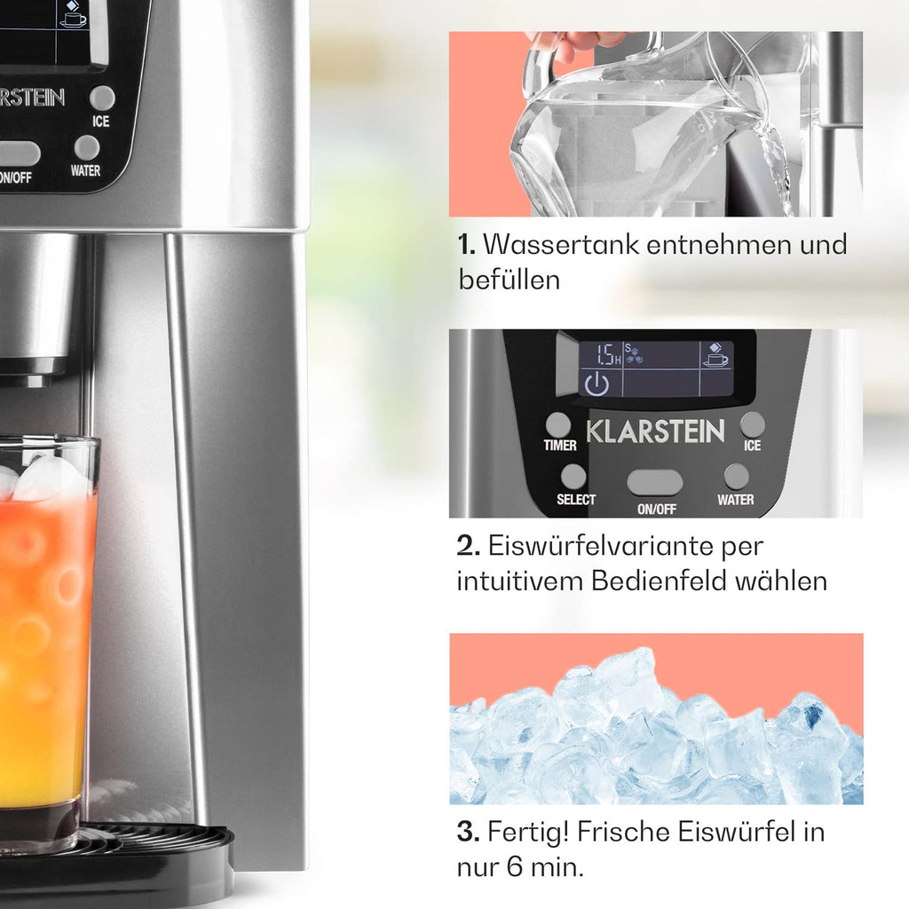 Klarstein Eiswürfelmaschine Klein, 2 L Eiswürfelbereiter  und  Wasserspender, Eiswürfelmaschine für 12 kg Große und Kleine Eiswürfel, Schnelle Mini mit Alarm