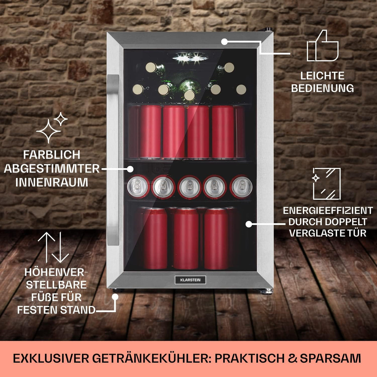 Klarstein Kühlschrank 70L, Kleiner Kühlschrank mit Herausnehmbaren Ablagen, Leiser Mini Kühlschrank mit Glastür & LED, Getränkekühlschrank Klein, Outdoor Geeignet, Biersafe für Flaschen, 0-10°C