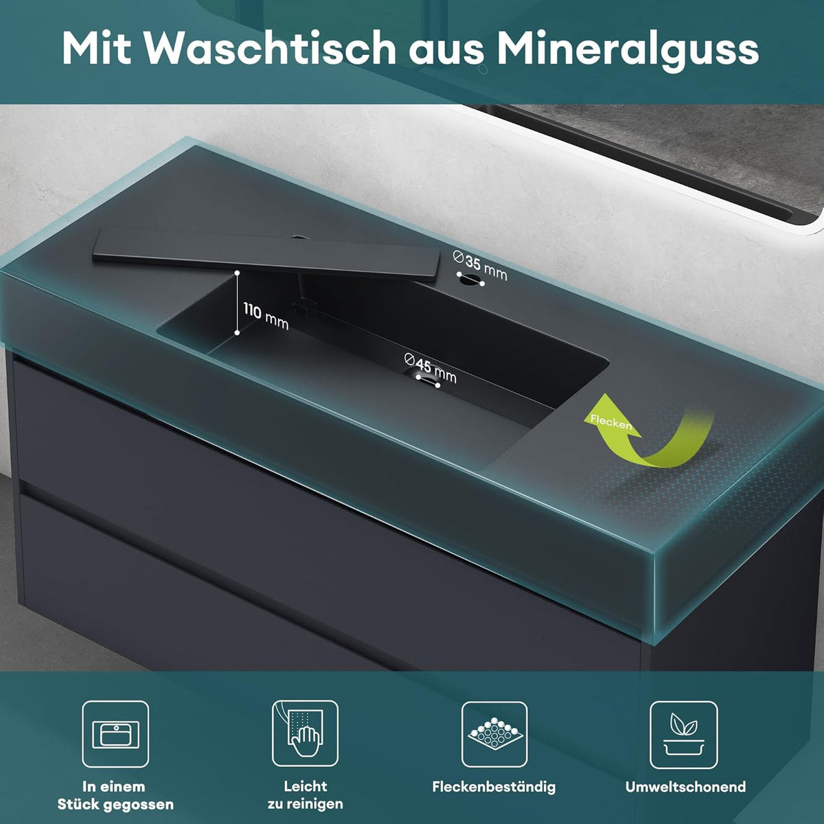 Mai & Mai Badmöbel Set Waschtisch mit Unterschrank Waschbeckenunterschrank 120x48x63cm in Anthrazit matt mit 2-Schubladen inkl. Waschbecken in Anthrazit Deep