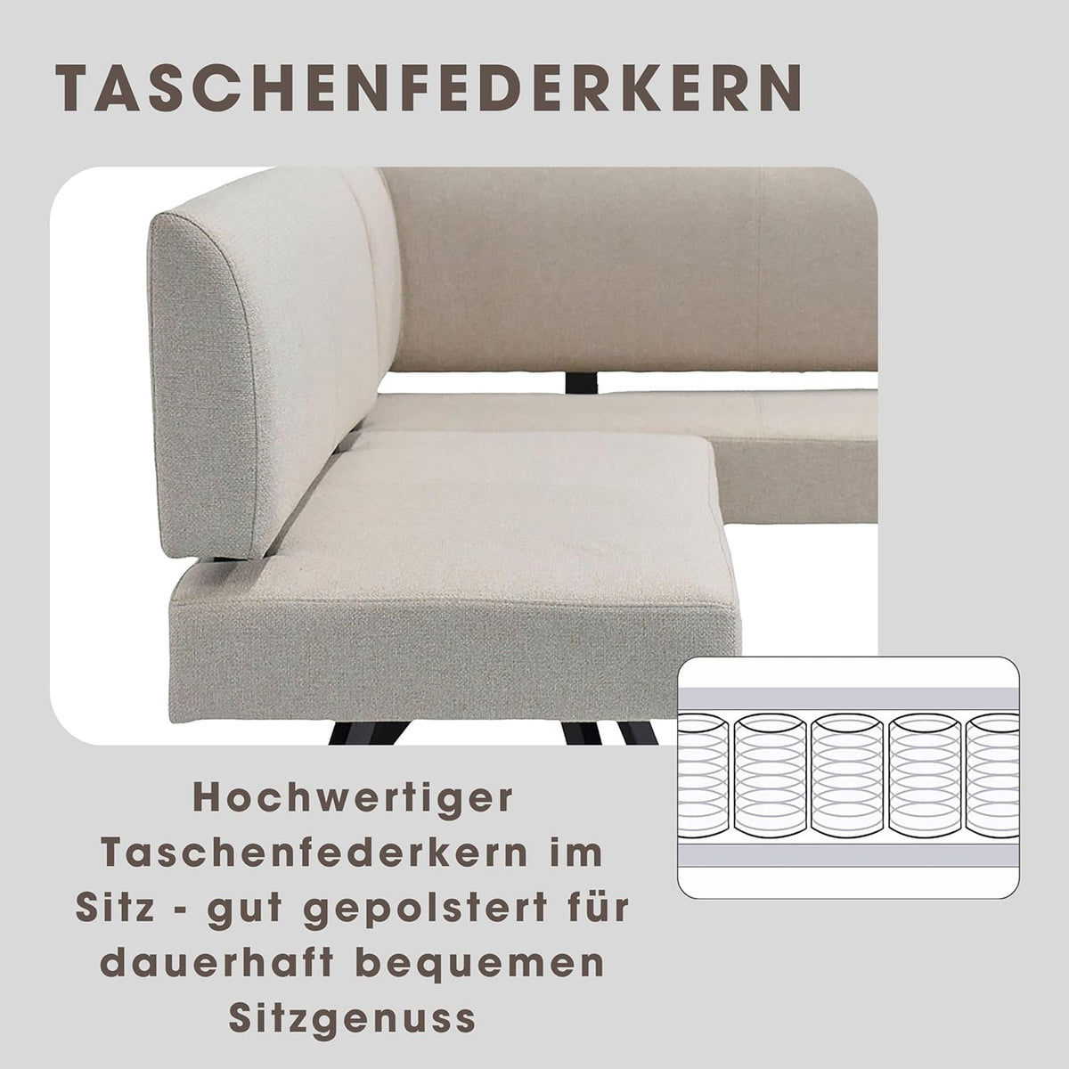 byLIVING Eckbank Toronto, Bezug in Taupe, Gestell in schwarz, L-Form Langer Schenkel Links, Taschenfederkern, Küchenbank, Speisezimmerbank, Maße: B 182, H 85, T 128 cm