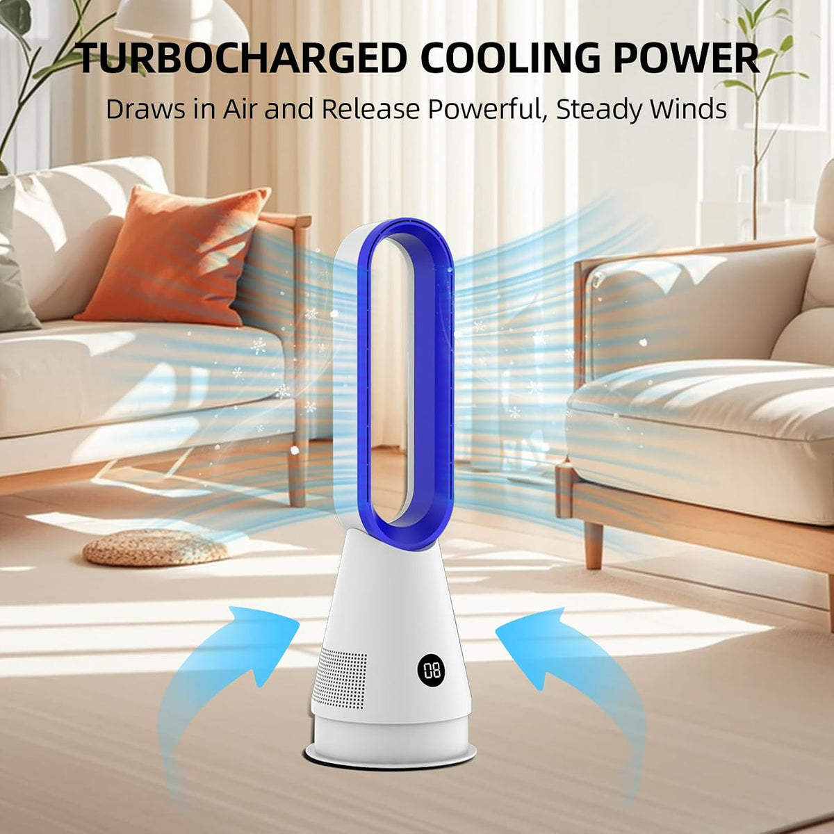 Rotorloser Ventilator,Turmventilator sehr leise & Luftreiniger,mit Fernbedienung, 8 Geschwindigkeiten,90° Oszillation, 9h Timer,oszillierender Raumkühler für Schlafzimmer, Büro (Weiß)