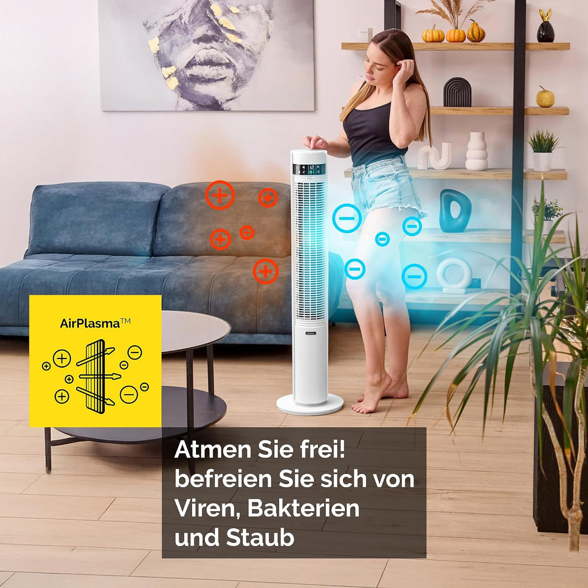 YOER 19dB sehr Leiser Turmventilator, 12 m Wurfweite, WLAN & App, 12 Geschwindigstufen 3 Modi 12h Timer 80° Oszillation, Ventilator mit Plasma-Ionisator für Schlafzimmer, CoolWhisper TF07W, weiß