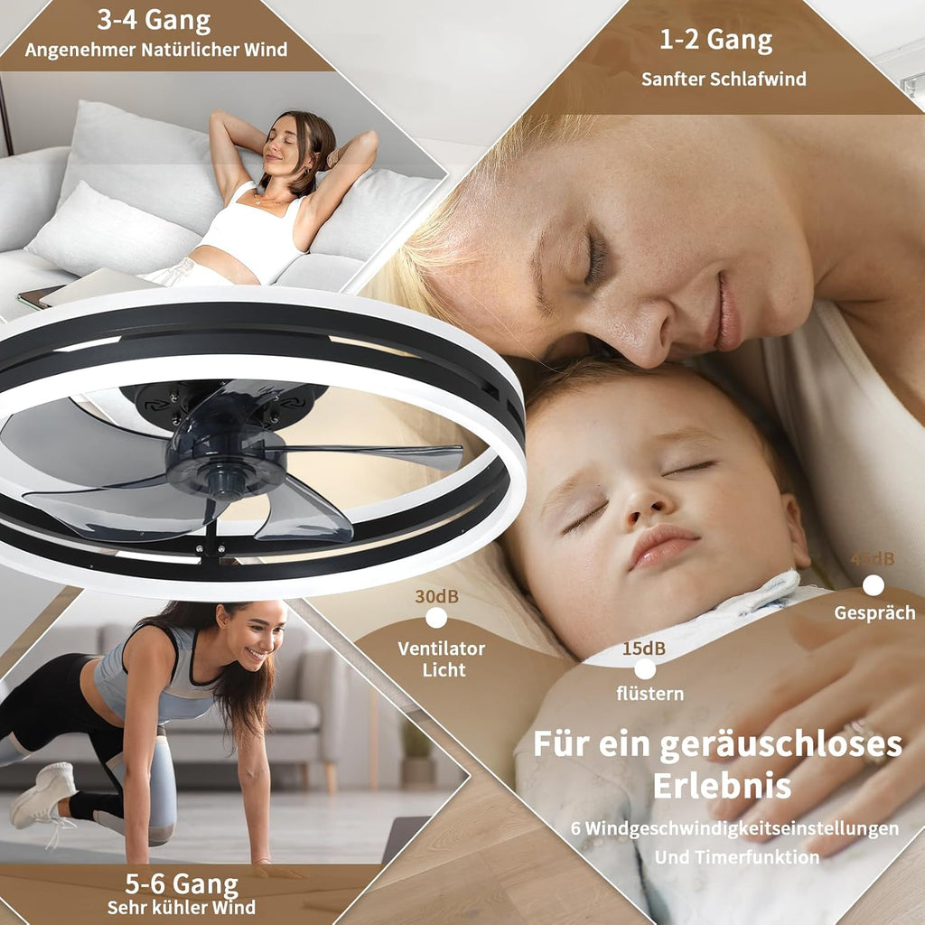 Leise Deckenventilator Mit Beleuchtung 50W Dimmbare Deckenleuchte Mit Fernbedienung Und APP 6 Geschwindigkeiten Lampe Mit Ventilator Timer Schlafzimmer Wohnzimmer Licht Schwarz,40cm