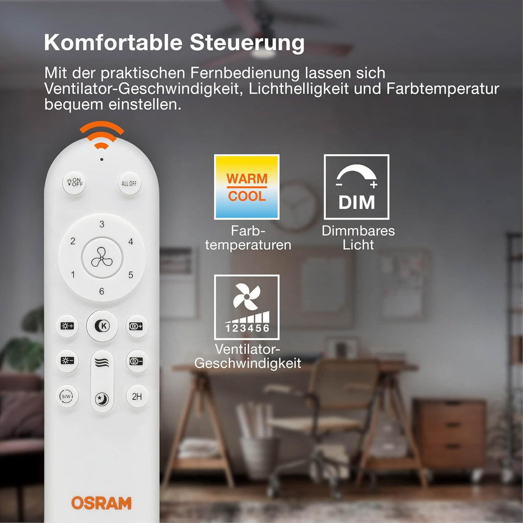 Osram LED-Deckenventilator Coromuel, 1065mm, 60W, CCT 3000/4000/6500K, 2600lm, 115° Abstrahlwinkel, 50.000h Lebensdauer, dimmbar, Fernbedienung inklusive