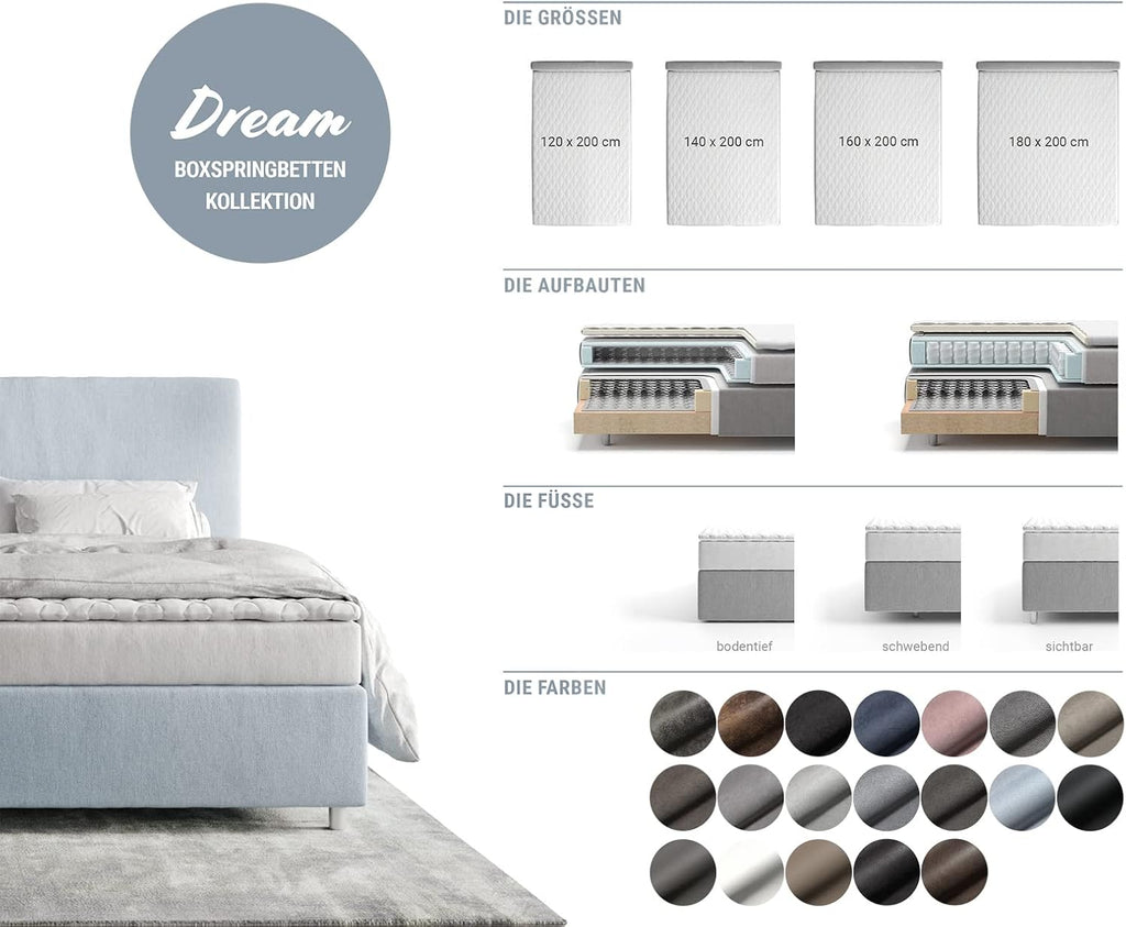 DELIFE Boxspringbett Dream-Great Mikrofaser Grau 180x200 cm mit Matratze und Topper
