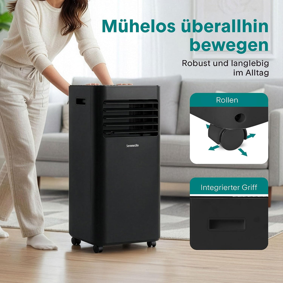 SereneLife Schwarz Mobiles Klimagerät 9000 BTU 2,64kW für 28 m² – Air Conditioner mit Abluftschlauch, 3-in-1 mit Entfeuchter und Ventilator, Leise 54 dB, inkl. Fensterkit und Fernbedienung