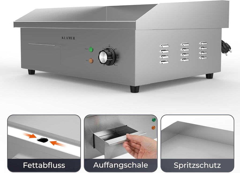 KLAMER Elektrogrill Edelstahl 3000W, XL Grillplatte 54,5x38,5 cm, Tischgrill Elektrisch 50–300°C, Eisengrillplatte, Spritzschutz, Auffangbehälter, Balkon & Gastronomie