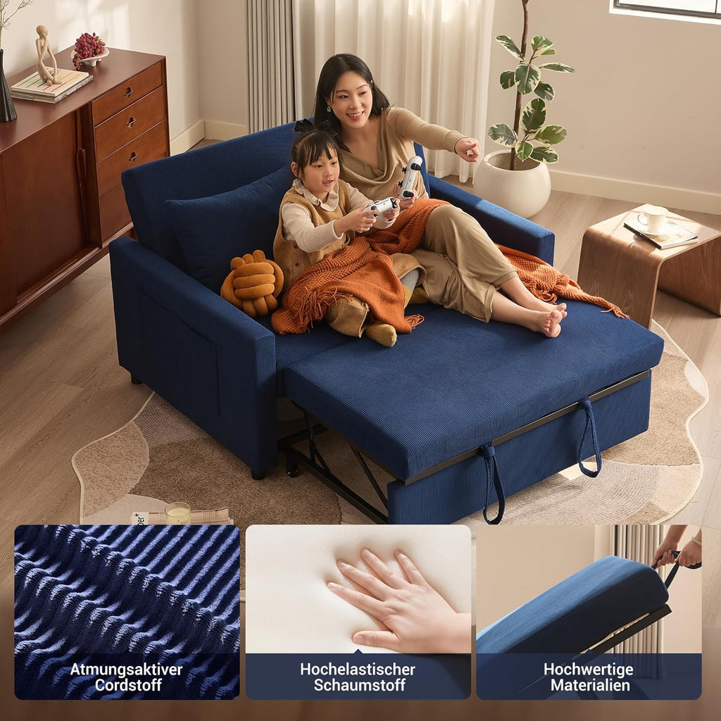 Schlafsofa 2-Sitzer, 3-in-1 ausziehbares Sofa Bett, Cordstoff Schlafcouch mit Verstellbarer Rückenlehne und Seitentaschen, für Wohnzimmer und Gästezimmer,Navyblau