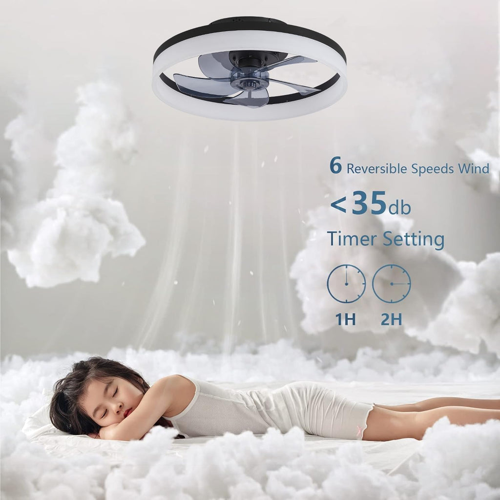 Deckenventilator mit Beleuchtung und Fernbedienung, LED Deckenleuchte Dimmbar, 3 Lichtfarben, 6 Windstufen, Moderne Lampe mit Ventilator Leise für Schlafzimmer Schwarz 50cm