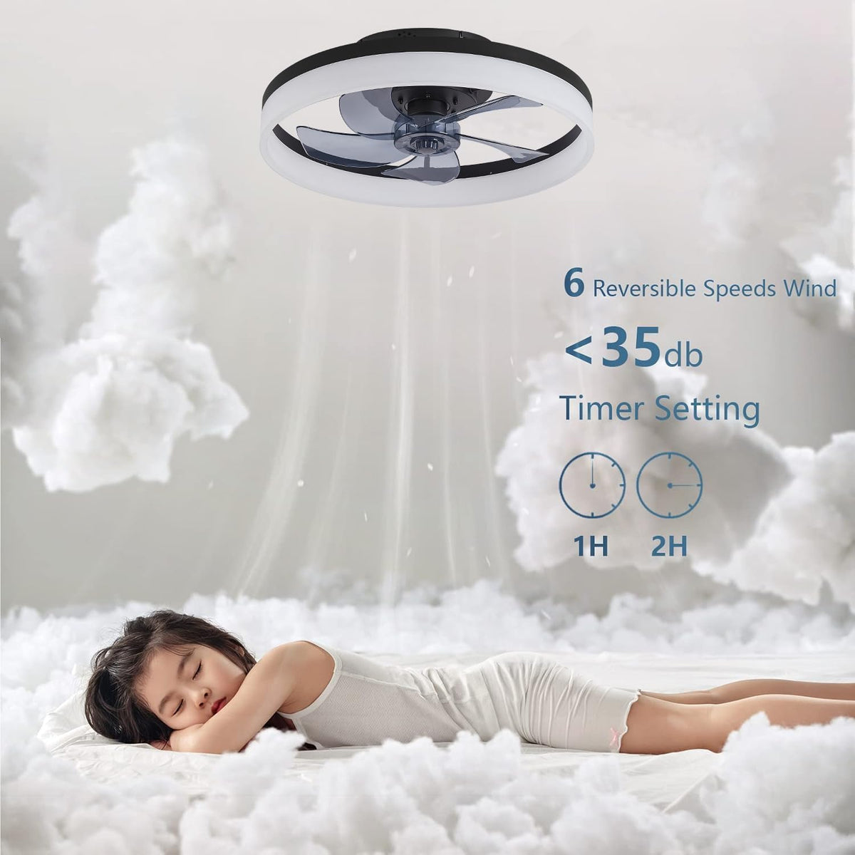 Deckenventilator mit Beleuchtung und Fernbedienung, LED Deckenleuchte Dimmbar, 3 Lichtfarben, 6 Windstufen, Moderne Lampe mit Ventilator Leise für Schlafzimmer Schwarz 50cm