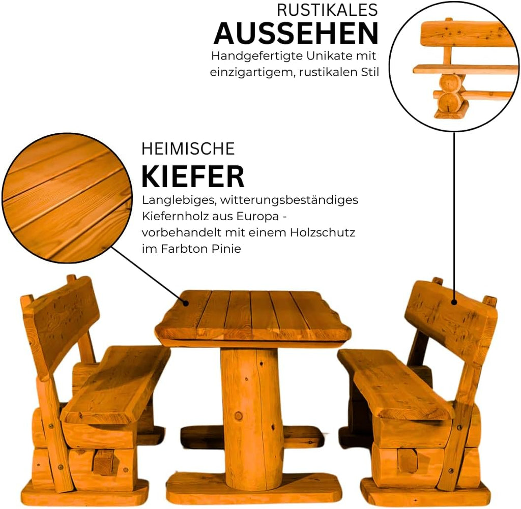 Mega Holz Gartengarnitur Rustikal Pinie Lasiert 200 cm - Aus heimischer Kiefer - Fertig montierte Sitzbank für Terrasse, Garten & Balkon mit Rückenlehne - Zeitloses Design, wetterfest & pflegeleicht
