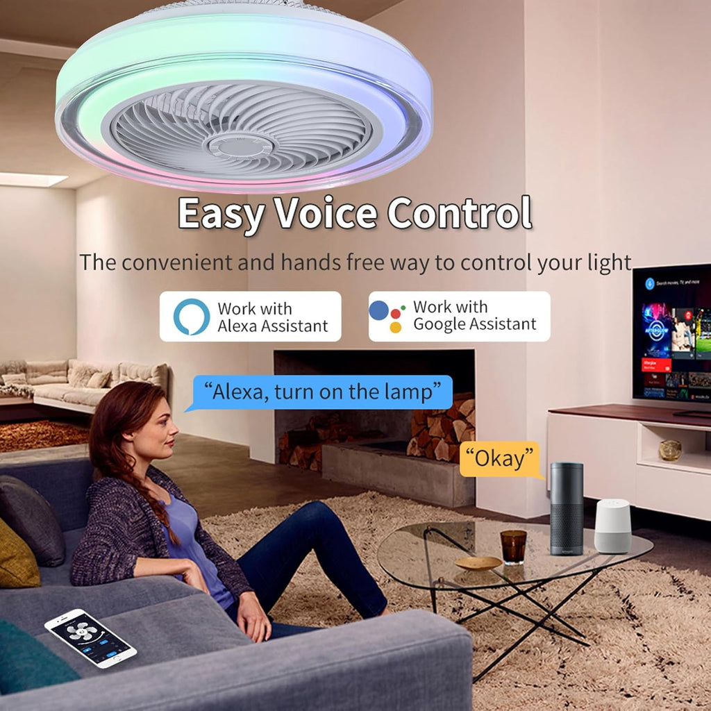 LED RGB Modern Fan Lampe Mit Ventilator Und Alexa 6 Windgeschwindigkeiten Bluetooth-Musiklautsprecher Deckenventilator Mit Beleuchtung Und Fernbedienung Für Wohnzimmer Und Kinderzimmer