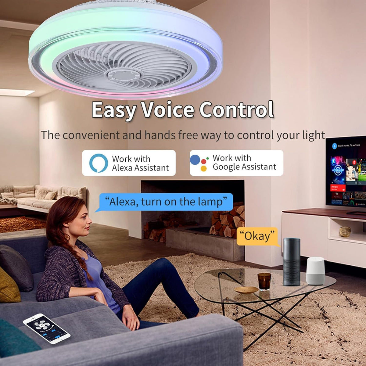 LED RGB Modern Fan Lampe Mit Ventilator Und Alexa 6 Windgeschwindigkeiten Bluetooth-Musiklautsprecher Deckenventilator Mit Beleuchtung Und Fernbedienung Für Wohnzimmer Und Kinderzimmer
