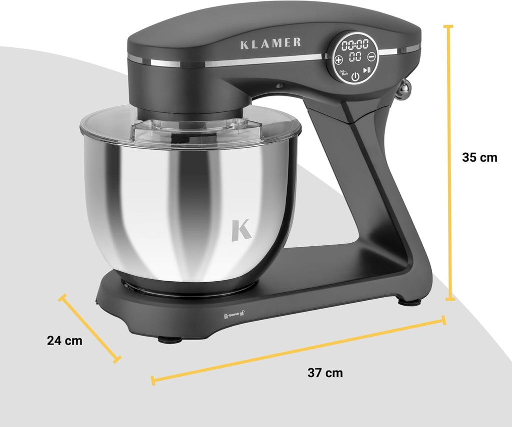 KLAMER Küchenmaschine 1800W, Knetmaschine Brotteig mit Edelstahl-Rührschüssel 6 L, 10 Stufen mit Timer, Planetenrührwerk, Rührbesen, Knethaken, Schneebesen & Sichtdeckel (schwarz)