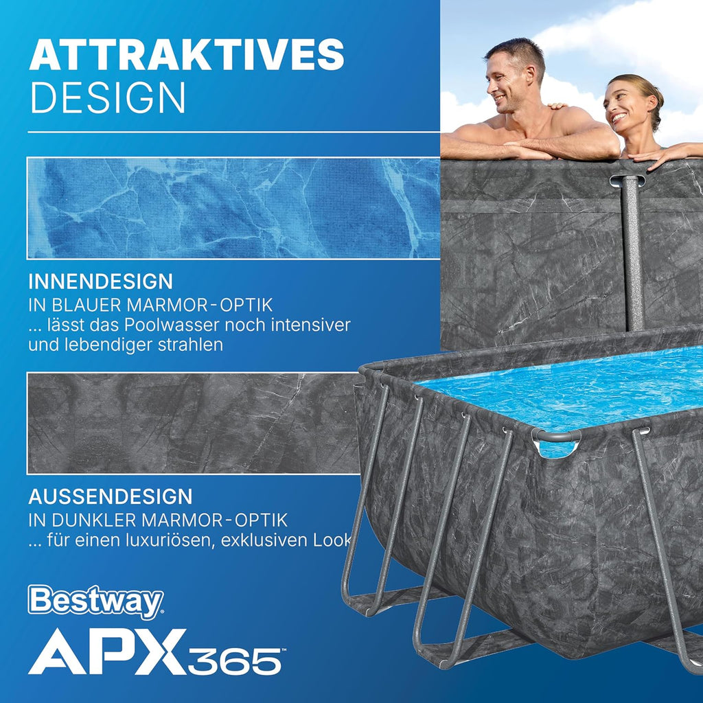 Bestway APX365 Winterfestes Frame Pool Set, Sandfilteranlage, 549 x 274 x 132 cm, 16.477 L, Stahlrahmen, Polar-Shield, Dunkle Marmor-Optik, Sicherheitsleiter, Abdeckplane, Werkzeugloser Aufbau, DEKRA