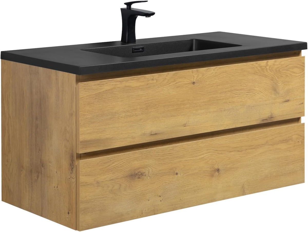 Badplaats B.V. Badezimmer Badmöbel Set Angela 100 cm - Schwarzes Waschbecken - Eiche - Unterschrank Schrank Waschbecken Waschtisch