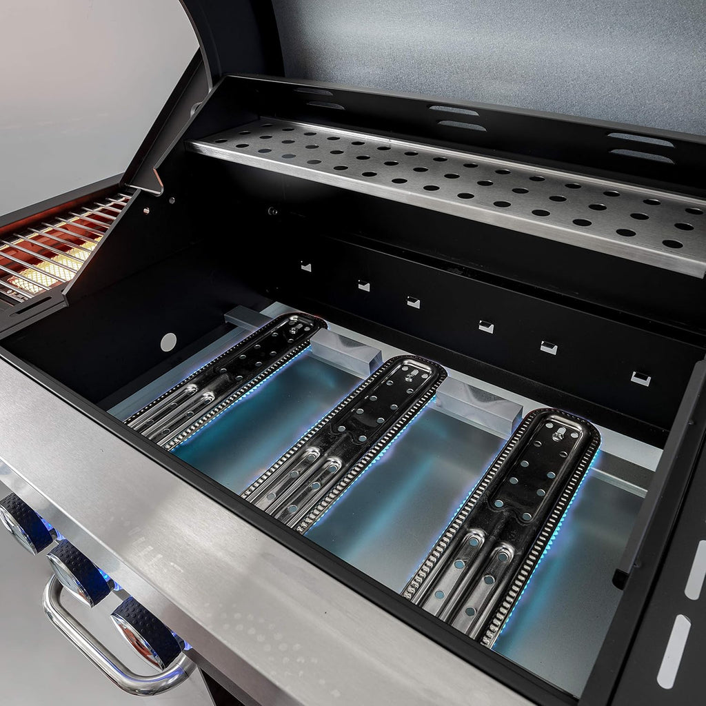 ACTIVA 3 Brenner Gasgrill "Silver Star 400" Grillwagen mit 800 Grad Infrarot Seitenbrenner, Gussrost, Deckelthermometer und zusätzlicher Ablage