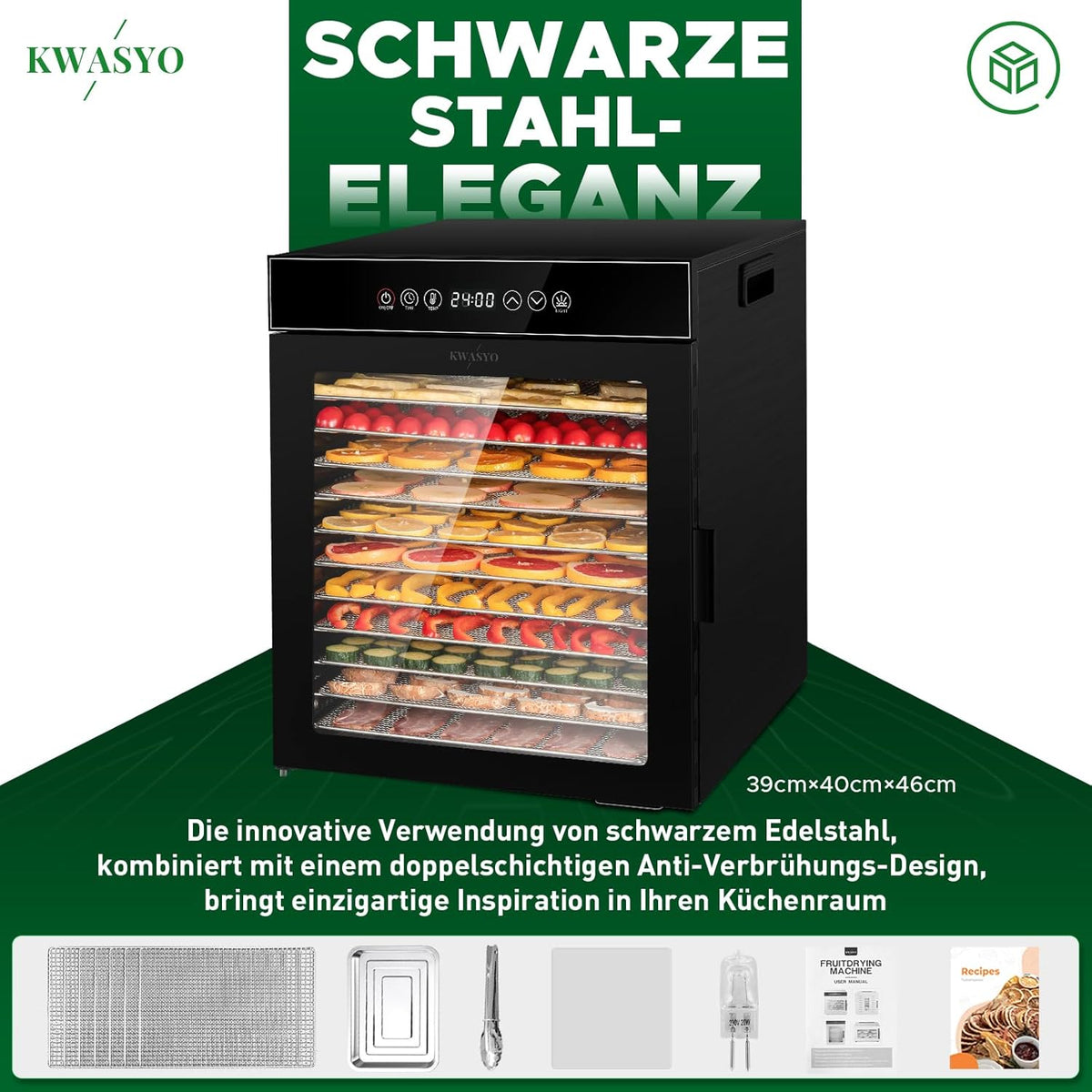 Kwasyo Dörrautomat Edelstahl, Dörrgerät 12 Etagen Ganz in Schwarz, 30-90℃ Temperaturregelung, 24 Stunden Timer, Rezeptheft für Fleisch Obst Gemüse Kräuter, 900W, LT-09