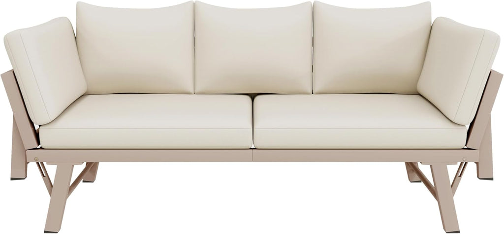 Gartenmöbel-Set, Outdoorsofa, 3-Sitzer-Sofa, Beige, Gartensofa mit Liegefunktion, Sonnenliege Gartenliege mit Auflagen und klappbaren Armlehne, Gartencouch für Garten, Terrasse, Balkon