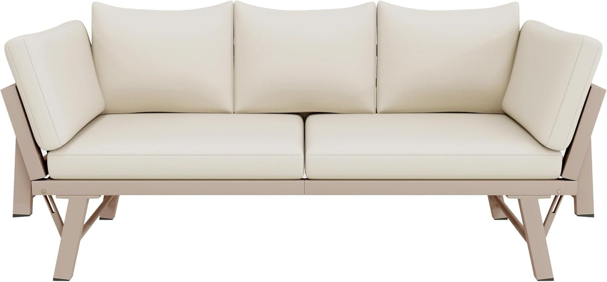 Gartenmöbel-Set, Outdoorsofa, 3-Sitzer-Sofa, Beige, Gartensofa mit Liegefunktion, Sonnenliege Gartenliege mit Auflagen und klappbaren Armlehne, Gartencouch für Garten, Terrasse, Balkon