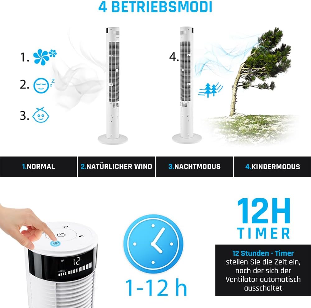 YOER Spiro TF03W, 45W, Ionisator, 4 Gebläsemodi, 90° Oszillation, 10m Reichweite, 12-Stunden-Timer, Leiser Betrieb, 3 Geschwindigkeitsstufen