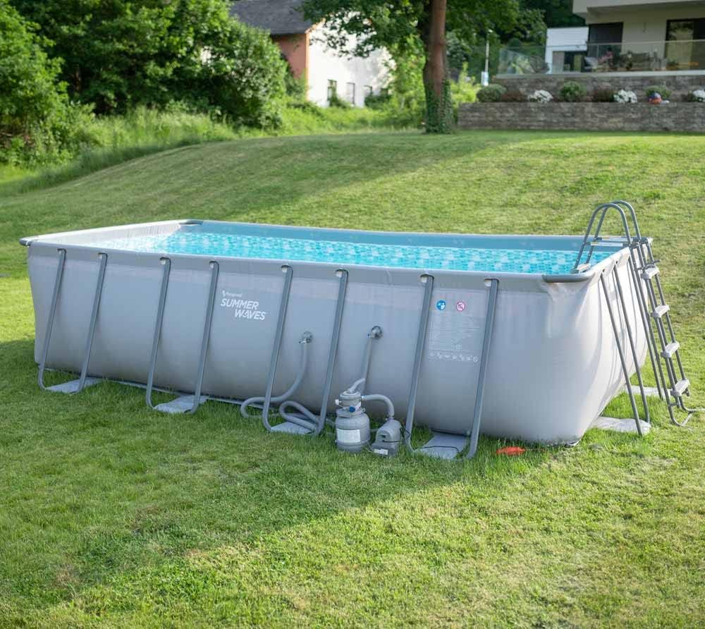 Summer Waves Frame Pool Komplettset | Rechteckig 549x274x132 cm Grau | Aufstellpool Set | Gartenpool & Schwimmbecken inkl. Sandfilterpumpe, Bodenvlies, Abdeckplane & Einstiegsleiter