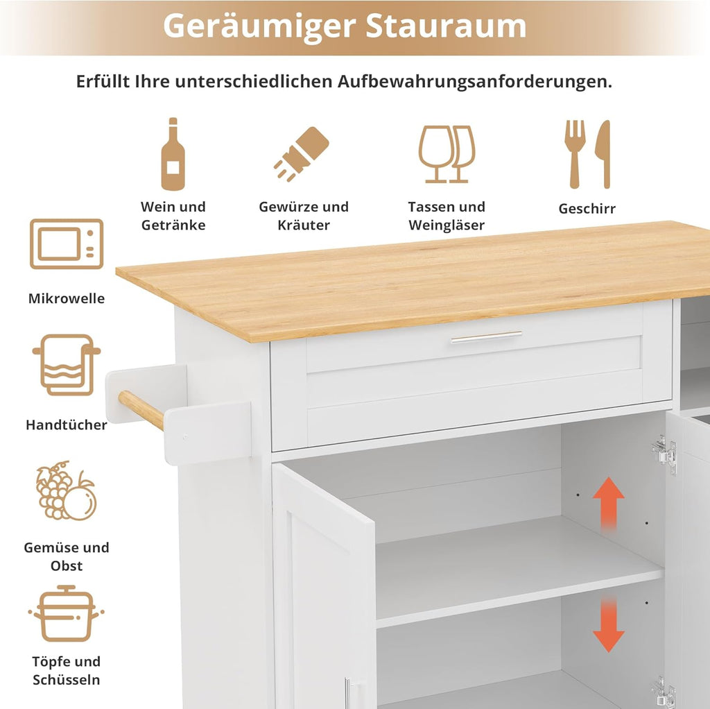 Mobiler Küchentisch, Arbeitsplatte Klappbar, Eiche Maserung, Multifunktionaler Schrank, Gewürzregal, Handtuchhalter, 5 Rollen, Weiß Geeignet für Küche/Essen/Haus