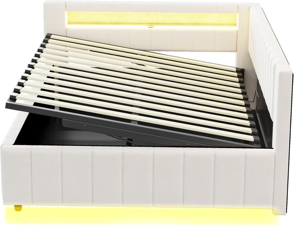Polsterbett Schlafsofa 140x200, Doppelbett mit Hydraulischem Stauraum, mit LED-Licht und USB-Ladefunktion, Tagesbett Jugendbett mit Lattenrost, Samtstoff, ohne Matratze (Beige)