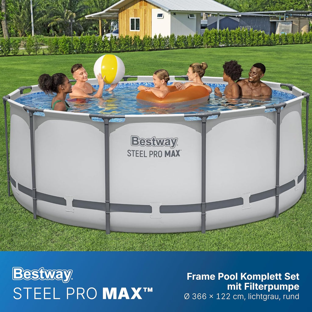 Bestway® Steel Pro MAX™ Aufstellpool Komplett-Set mit Filterpumpe Ø 366 x 122 cm, lichtgrau, rund