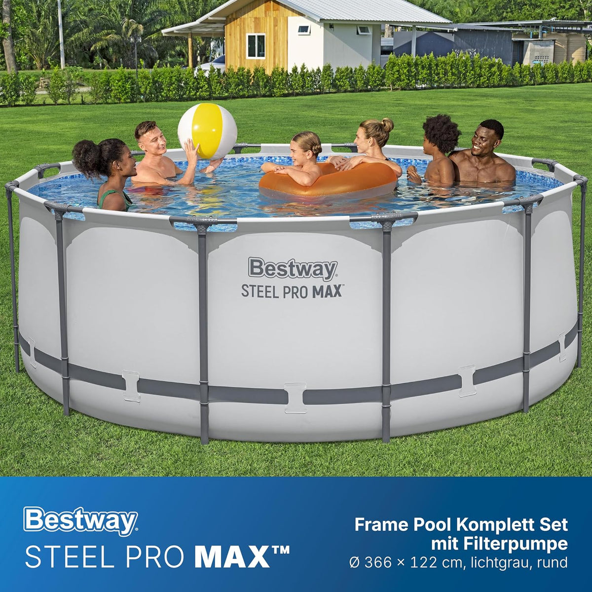Bestway® Steel Pro MAX™ Aufstellpool Komplett-Set mit Filterpumpe Ø 366 x 122 cm, lichtgrau, rund