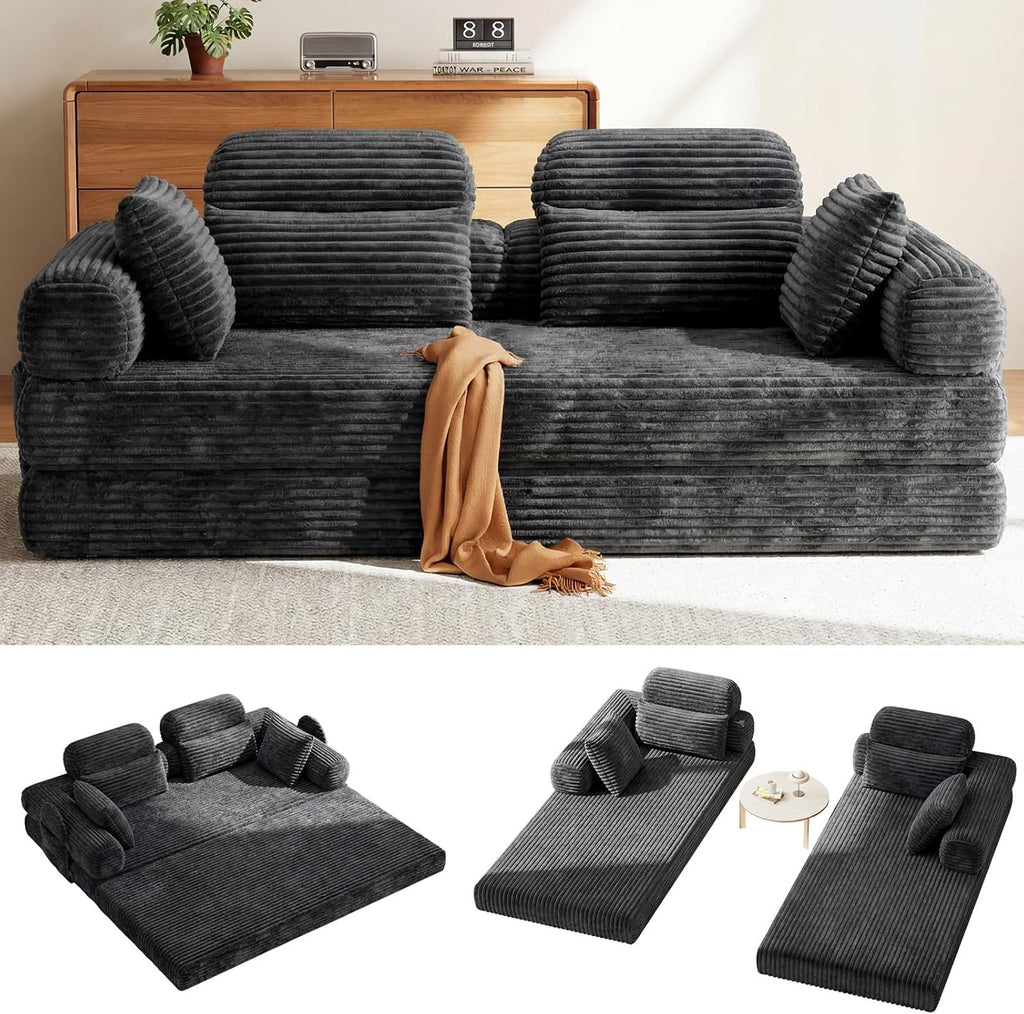HOMRELEXA Schlafsofa 200cm Breit, Boneless Couch, Bodensofa Bed mit Hohe Rückenlehne, Abnehmbare Integrierte Kopf- und Lendenstütze, 2 Zierkissen, Seitentasche, Cord Sofa mit schlaffunktion, Grau | Hohe Rückenlehne, 2 Zierkissen, Abnehmbare Armlehnen
