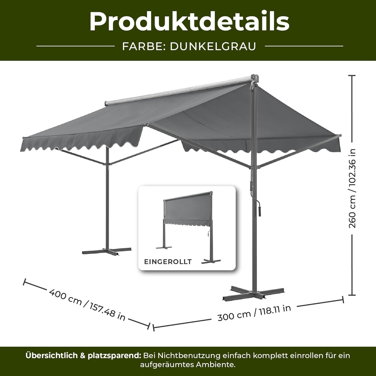 pro.tec Standmarkise Selenizza freistehende Markise 400x300x260cm Gartenmarkise Sonnenschutz Terrassenüberdachung Outdoor Terrasse Garten Balkon Dunkelgrau