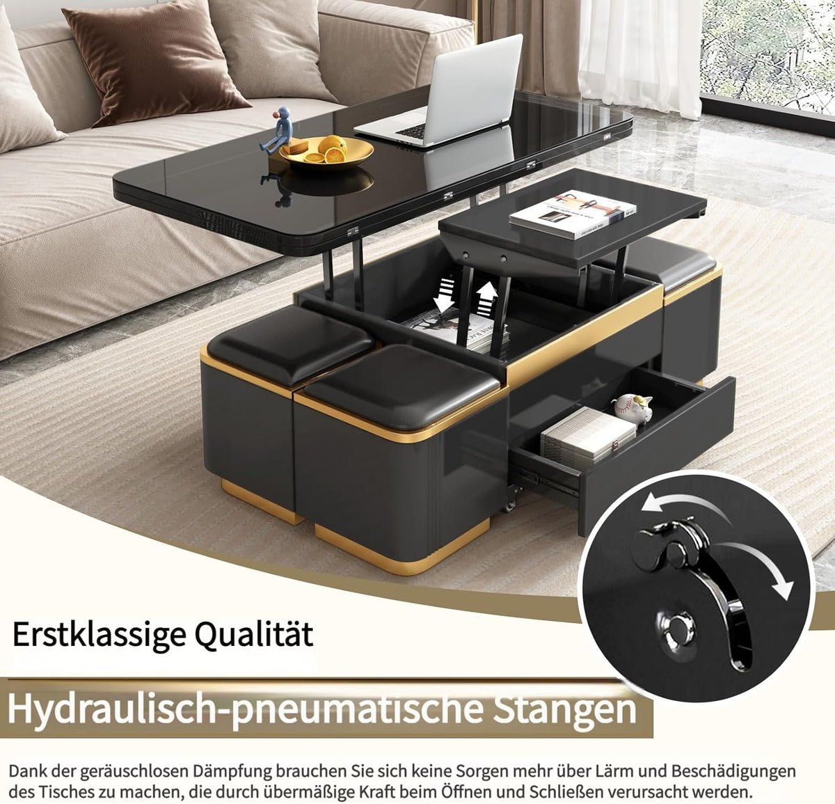 Guyii Höhenverstellbarer Couchtisch 120 cm lang mit Ablage, Multifunktionaler Cauchsofa Tisch, Coffee Table mit integriertem Stauraum und Klapptisch, Moderner Design für Wohnzimmer (schwarz)