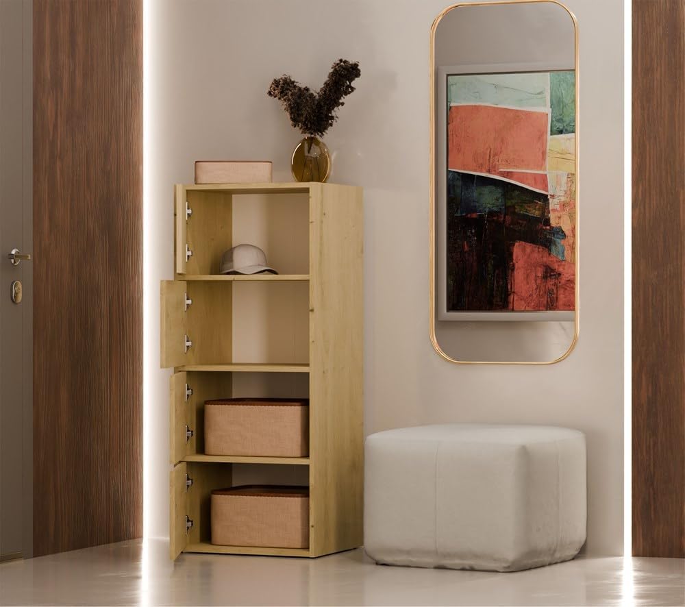 CDF Kommode Schrank Hochschrank mit 4 Türen und Einlegeböden - für Wohnzimmer Schlafzimmer Flur Büro – Grifflose Fronten – Modernes Design und langlebige Ausführung – Eiche Artisan Alma