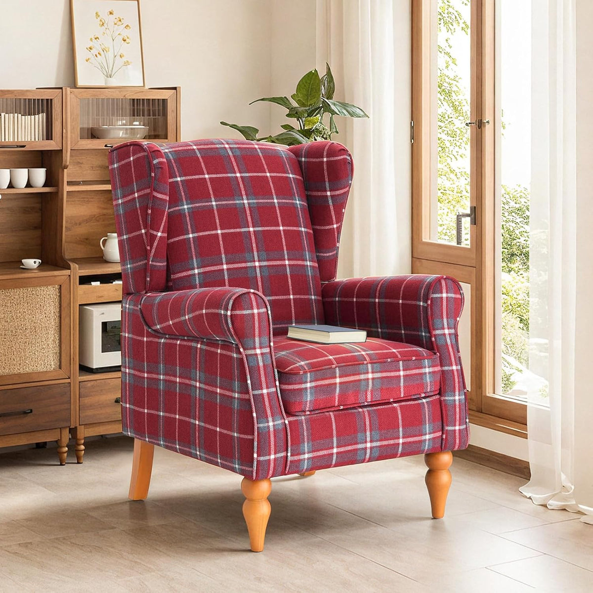 Ohrensessel, Vintage Sessel mit Holzfüße, gepolsterte Relaxsessel, Einzelsessel für Wohnzimmer, Schlafzimmer, Leinen (Rot)