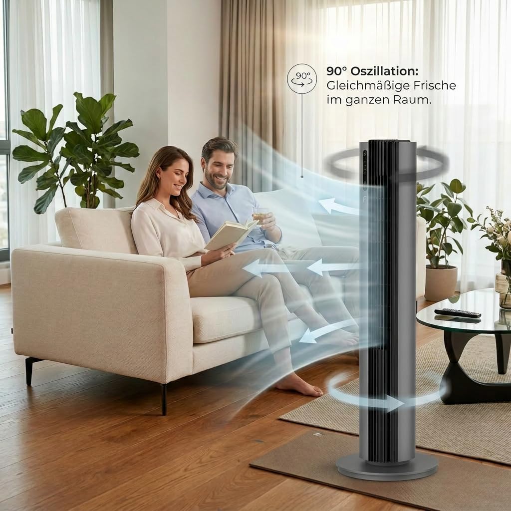 Fakir premium TV° 640 Turmventilator - Leiser Lüfter mit 32dB(A), DC-Motor, 12 Stufen, 12h Timer, LED-Display, Fernbedienung & 90° Oszillation, Luftreinigung, 450m³/h, 110cm Höhe, Farbe: Anthrazit