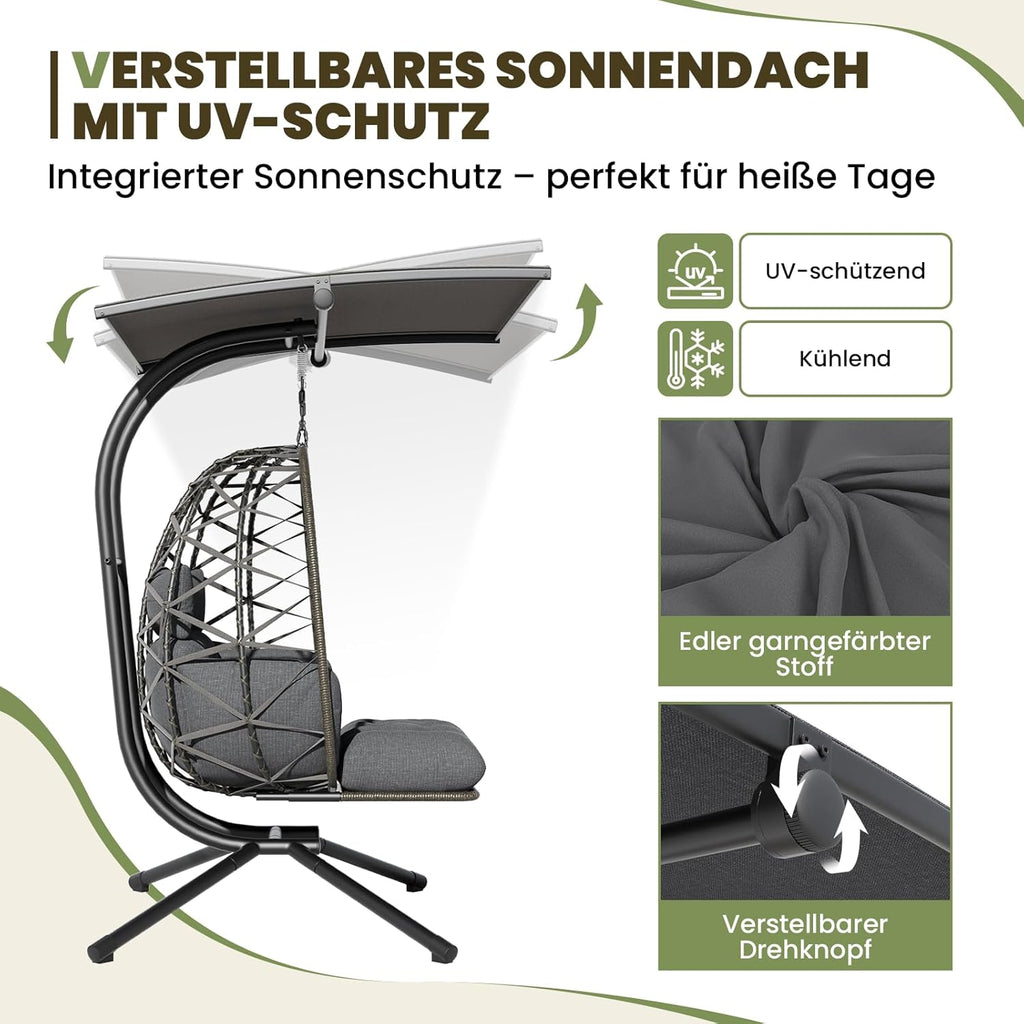 UDPATIO Hängesessel Outdoor mit Gestell, Hängeschaukel mit Sonnendach & Fußablage, Hängestuhl bis 280KG für 2 Personen, Verstellbare Kuppel & Dicke Kissen, Schaukel Sessel Garten, Balkon, Grau