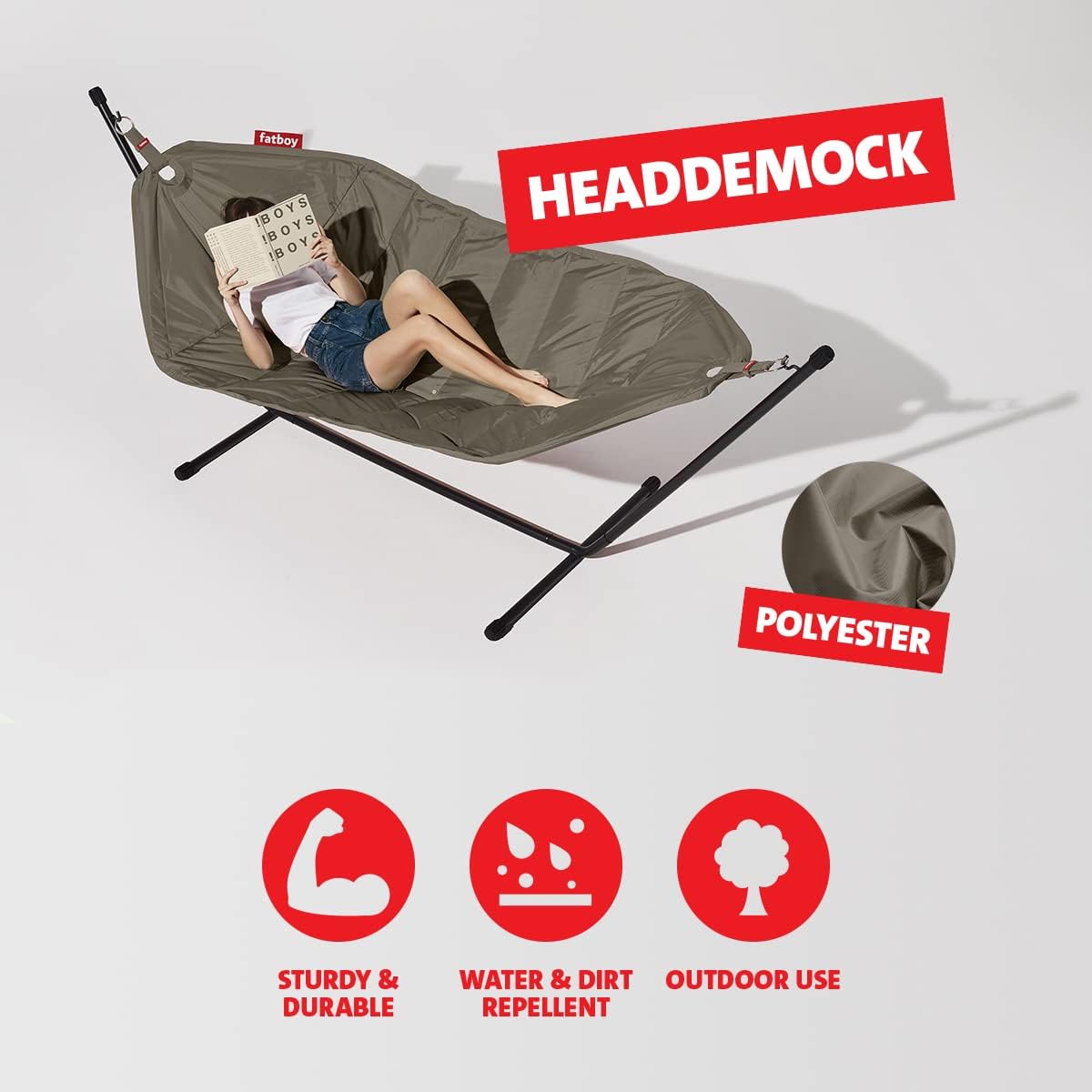 Fatboy® Headdemock Hängematte Taupe - Hängematte mit Gestell - Outdoor geeignet für Garten & Terrasse - 270 x 138 cm