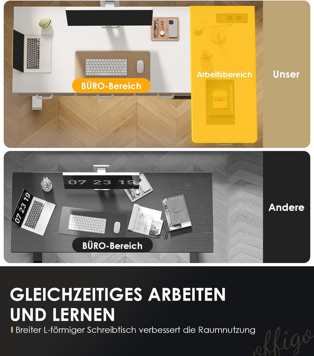 OffiGo Eckschreibtisch Höhenverstellbar, 140x80 cm Schreibtisch höhenverstellbar mit 4 Schublade, Elektrischer Tisch L Form mit Steckdose für Büro und Arbeitszimmer, Groß Ecktisch Weiß
